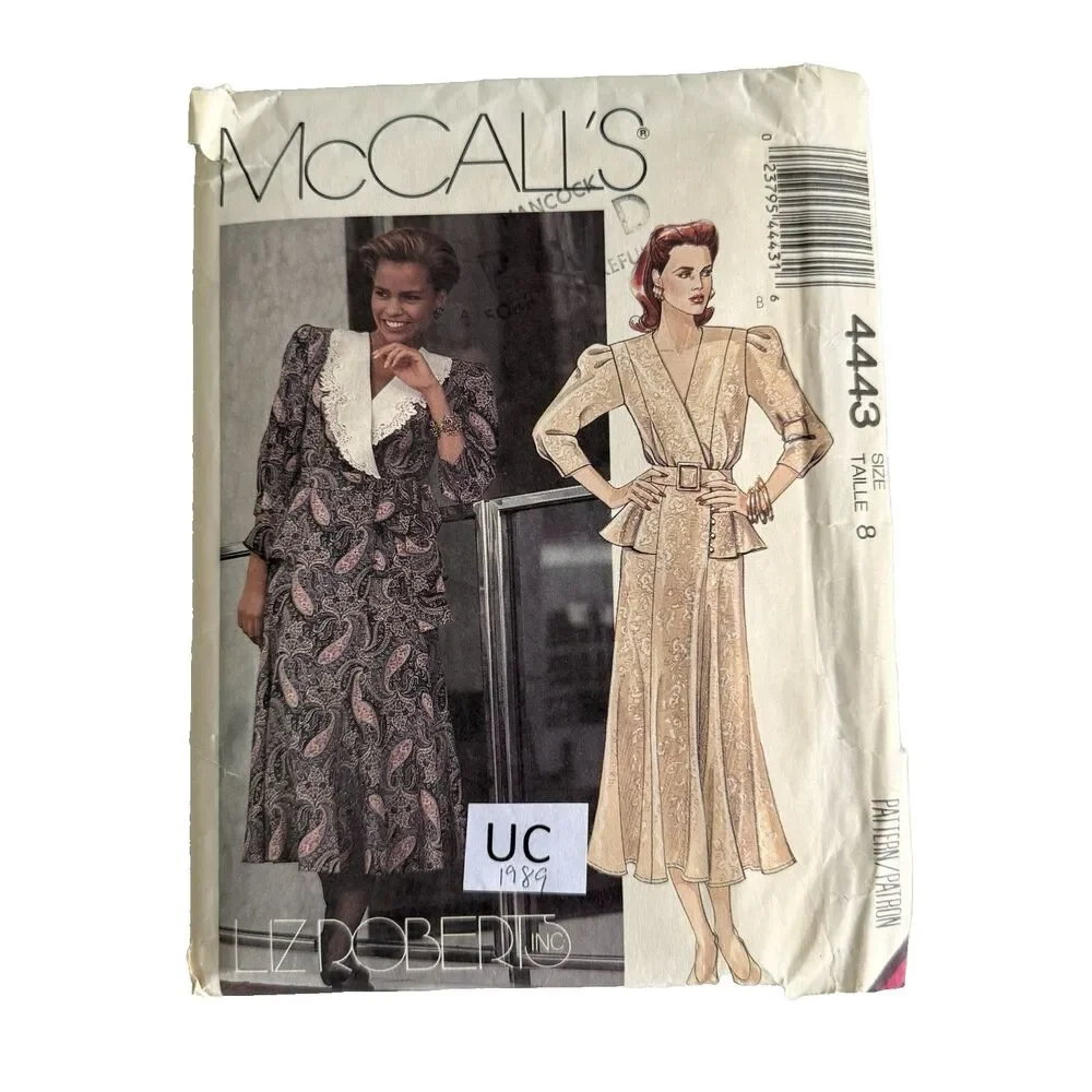 Vintage 80s McCalls 4443 Sewing Pattern Misses Dress Liz Roberts Peplum Sz 8 UC